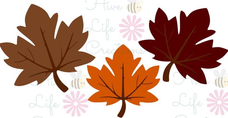 May include: Three maple leaves in different shades of brown, orange, and red. The leaves are cut out and isolated on a white background.