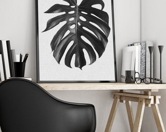 Monstera Leaf, Art Print, Leaf Print, Monstera, Banana Palm, Palm Leaf, Wall Decor, Digital Download, Print, Art, Black & White,Minimalist