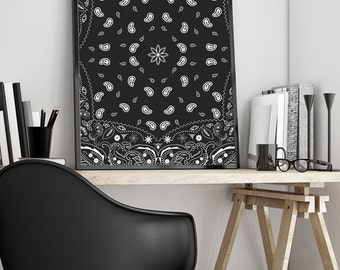 Bandana Print, Art, Bandanna, Wall Decor, Poster, Printable, Digital Download, Urban, Paisley, Illustration, Modern, Black, Cool, Pattern