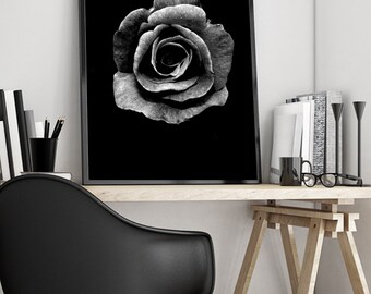 Dark Rose Art Print, Black Rose, Wall Decor, Roses, Flower, Floral, Printable, Digital Art, Download, Poster, Gray Rose, Black, Minimalist