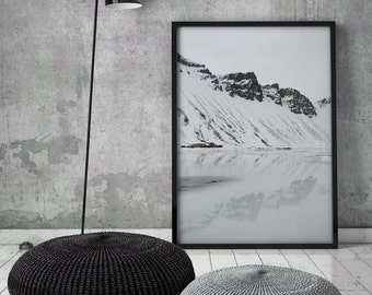 Snow Reflection Art Print, Snowy Mountain, Snow Capped Mountain Print, Scandinavian Art, Wall Decor, Mountain Art, White, Downloadable Print