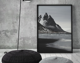 Dark Coastline Art Print, Black Coast, Black Sands, Dark Ocean, Coastal, Scandinavian Art, Wall Decor, Mountain Art,Downloadable Print