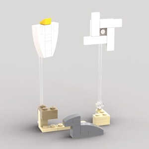 May include: A digitally rendered image of two abstract sculptures. One features a white form with a yellow top, the other a white cross-shaped design. Both are mounted on clear supports, with tan and gray block bases.