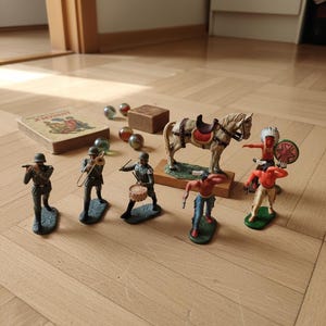Può includere: Una collezione di soldatini vintage, un cavallo con sella, biglie e un piccolo libro sono disposti su una superficie di legno. I soldatini includono figure di soldati e nativi americani. Il cavallo è marrone con una sella marrone.