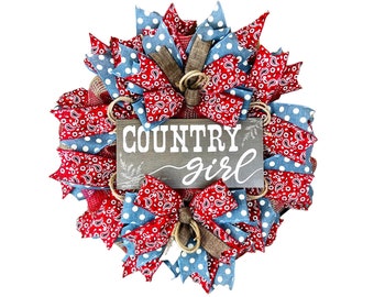 Cowgirl Thin Wreath for Door, Country Girl Skinny Wreath for Storm Door, Denim and Red Bandana Door or Wall Decor