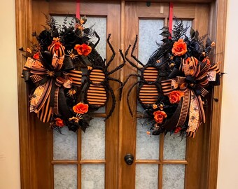 Double Door Halloween Spider Wreath Set: Two Black Grapevine Door Hangers with Orange Glitter Spiders, Double Door Halloween Decorations