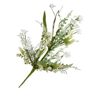 May include: A faux floral arrangement featuring white flowers, green leaves, and small white berries. The stems are green, and the arrangement has a natural, delicate appearance. The overall design is a mix of textures and shades of green and white.
