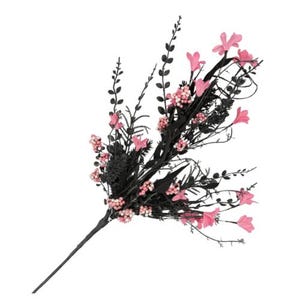 May include: A decorative floral stem featuring black branches with pink flowers and small pink berry clusters. The artificial arrangement has a long, dark stem and is set against a white background. The flowers are in full bloom.