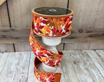 Luxury Fall Leaves Ribbon with Rust Fused Back, D’Lux Designer Autumn Leaf Ribbon with Strong Wire, Elegant Decor, 2.5” by 10yd LX1131C2