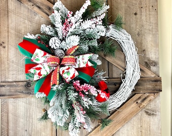 Christmas Cardinal Wreath: White Grapevine, Winter Evergreen & Berries