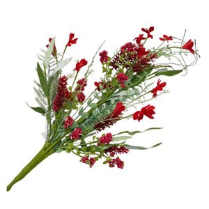 May include: A bouquet of artificial flowers featuring red blossoms and berries, with green and gray foliage. The stems are wrapped in green tape. The arrangement is set against a white background.