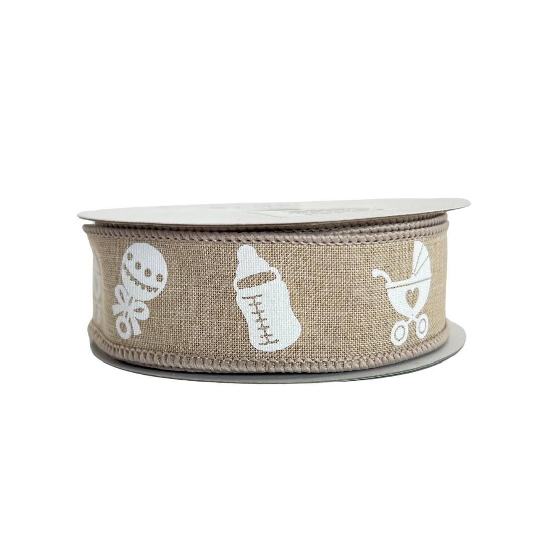 Paper Baby Ribbon Baby Shower Ribbon, Natural Beige Ribbon With White Stroller Rattle ...