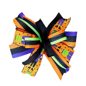 Frankenstein Halloween Bow, Halloween Frankenstein Bow for Wreath, Orange and Purple Halloween Lantern Bow, Cartoon Frankenstein Garland Bow