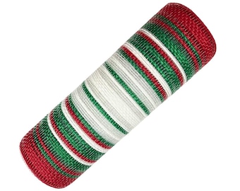 10” by 10 Yards Vertical Ombre Stripe Mesh: Red Emerald Green and White, Christmas Wreathmaking Supplies, Wreath Mesh Ribbon, RE13862K