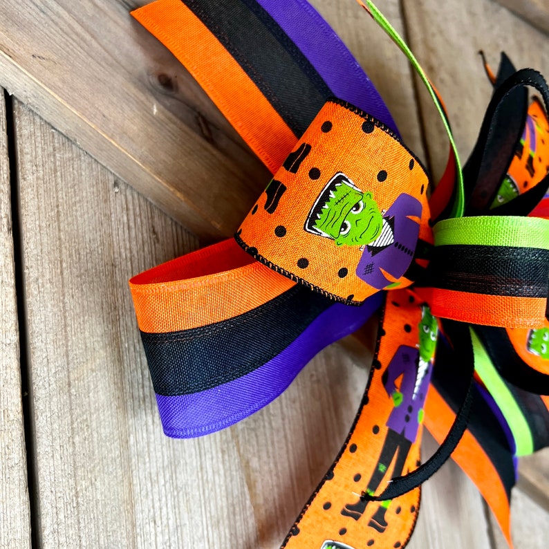 Frankenstein Halloween Bow, Halloween Frankenstein Bow for Wreath, Orange and Purple Halloween Lantern Bow, Cartoon Frankenstein Garland Bow image 10