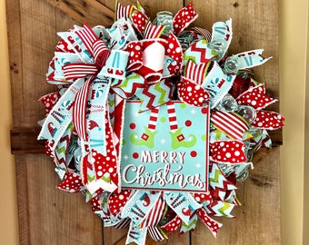 Elf Christmas Wreath: Aqua & Red Holiday Door Decor