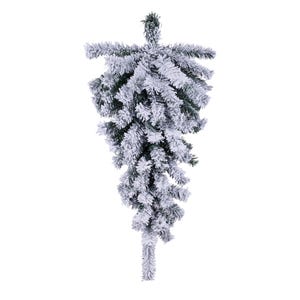 May include: A teardrop-shaped artificial evergreen swag featuring dense, dark green pine needles heavily coated in a white, snow-like flocking texture. The arrangement tapers to a point at the top and bottom, creating a symmetrical, downward-hanging botanical display.