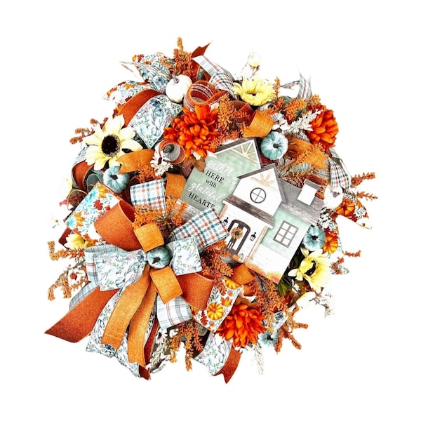 Large Fall Wreath for Front Door, Gather Here with Grateful Hearts Fall Wreath, Big Aqua and Orange Thanksgiving Front Door Decoration