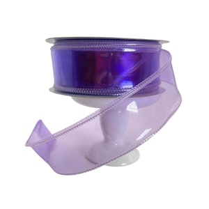 May include: A roll of sheer purple ribbon with a metallic sheen. The ribbon is displayed on a white pedestal, with a stitched edge. The ribbon is suitable for gift wrapping, crafts, or decorative purposes.
