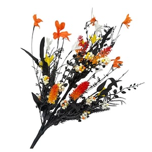 May include: A vibrant artificial floral arrangement featuring a mix of orange, yellow, white, and red flowers with small white and yellow berries. The stems and leaves are black, creating a striking contrast. Perfect for home decor.