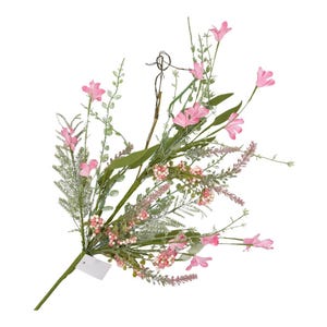 May include: A bouquet of artificial flowers featuring pink blooms, green leaves, and small pink berries. The arrangement includes various textures and shades of green and pink, creating a natural and delicate appearance. A blank white tag is attached to the stem.