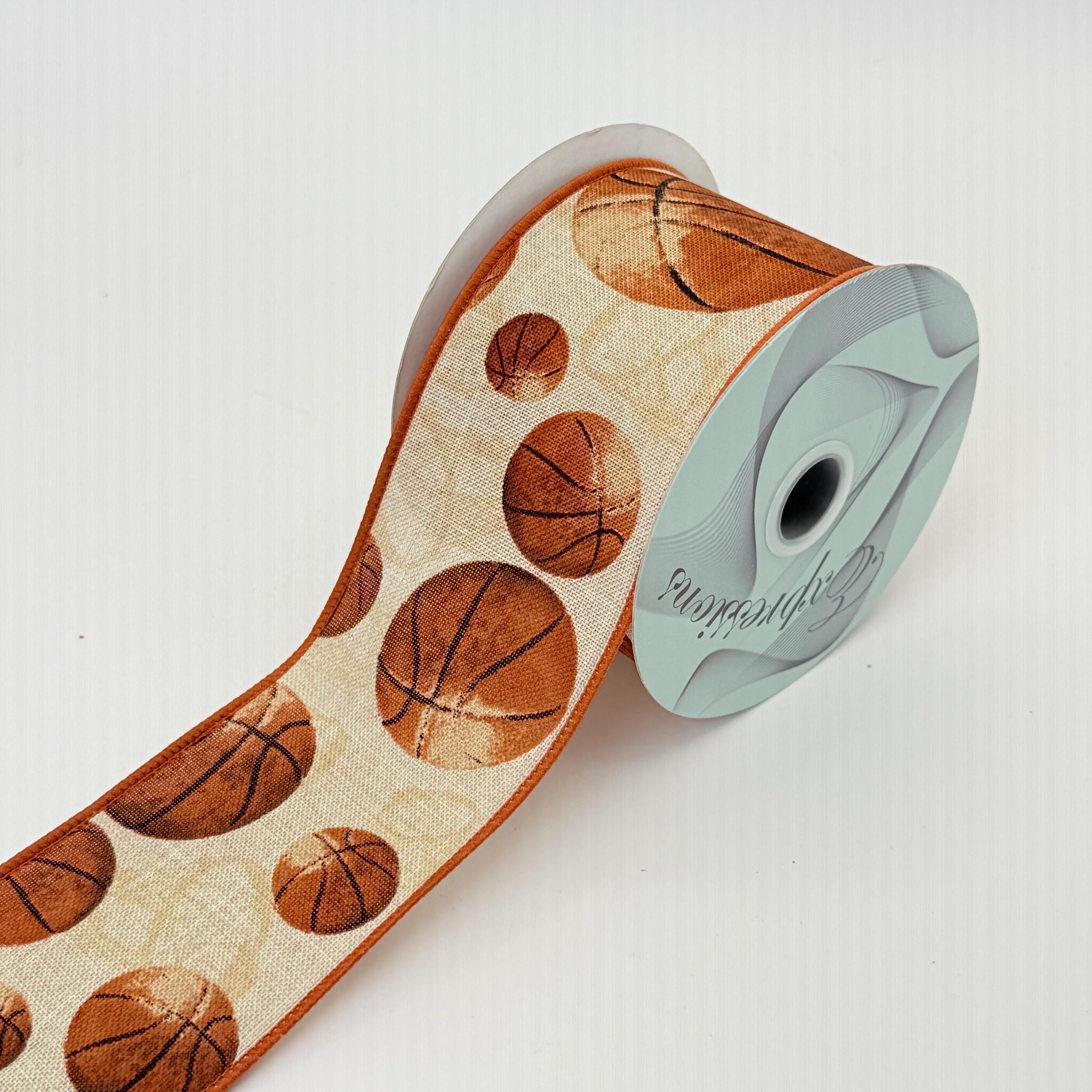 Basketball With Ribbon Basketball Wired Ribbon: Natural Beige, Sports Themed Ribbon, School ...