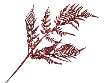 May include: A single stem of artificial fern with multiple fronds. The fern is a deep burgundy color, with a slightly glittery texture. The stem is a darker shade of burgundy. The background is plain white.