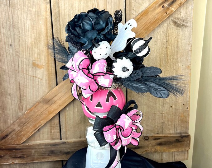 Tall Pink and Black Halloween Pumpkin Arrangement, Black and Pink