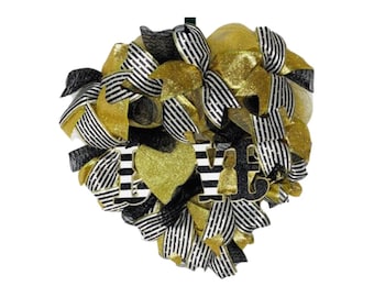 Valentine’s Day Wreath, Heart-Shaped Gold and Black Stripe LOVE Valentine's Day Wall or Door Decor