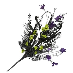 May include: A decorative floral arrangement featuring black foliage, purple flowers, and clusters of green berries. The artificial bouquet is set against a white background, creating a striking contrast. Ideal for home decor or seasonal displays.