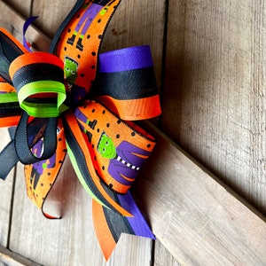 Frankenstein Halloween Bow, Halloween Frankenstein Bow for Wreath, Orange and Purple Halloween Lantern Bow, Cartoon Frankenstein Garland Bow image 5