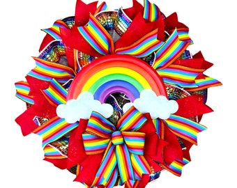 Rainbow Wreath for Storm Door, Thin Rainbow Door Decor, Girls Bedroom Decoration, Pride Decor, LGBTQIA+ Front Door Decor, Colorful Wreath