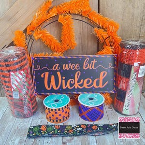 Large Halloween Wreath Kit, A Wee Bit Wicked Halloween Wreath Kit, DIY Halloween Wreath Kit, Orange Purple Halloween Ribbon Mesh Sign Kit