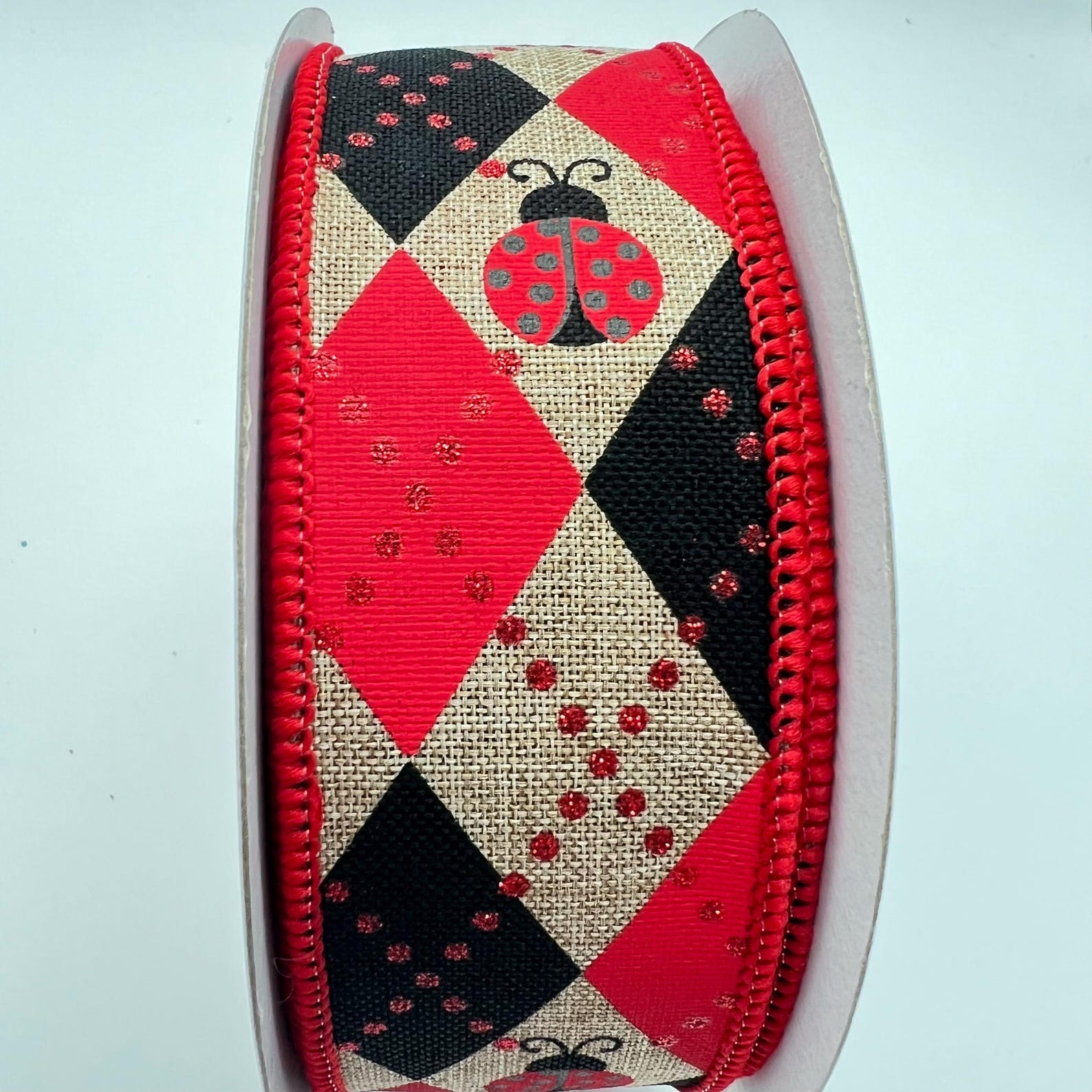 Ladybug Ribbon: Red, Black Argyle on Beige - 1.5