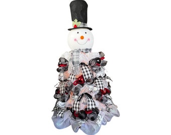 MEDIUM SIZE Tomato Cage Tree for Christmas, Snowman Christmas Tree, Black and White Plaid Snowman Tree, Mesh Tree with Lights, Snowman Decor