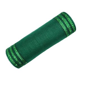 May include: A roll of dark green mesh ribbon with a decorative edge. The ribbon is tightly rolled, showcasing its texture and color. The edges feature a darker green, possibly glittery, accent.