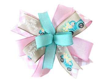 Spring Pickup Truck Bow, Large Spring Bow, Hello Spring Teal Truck Bow for Wreath or Lantern, Spring Pickup Truck Decor, Spring Tree Topper