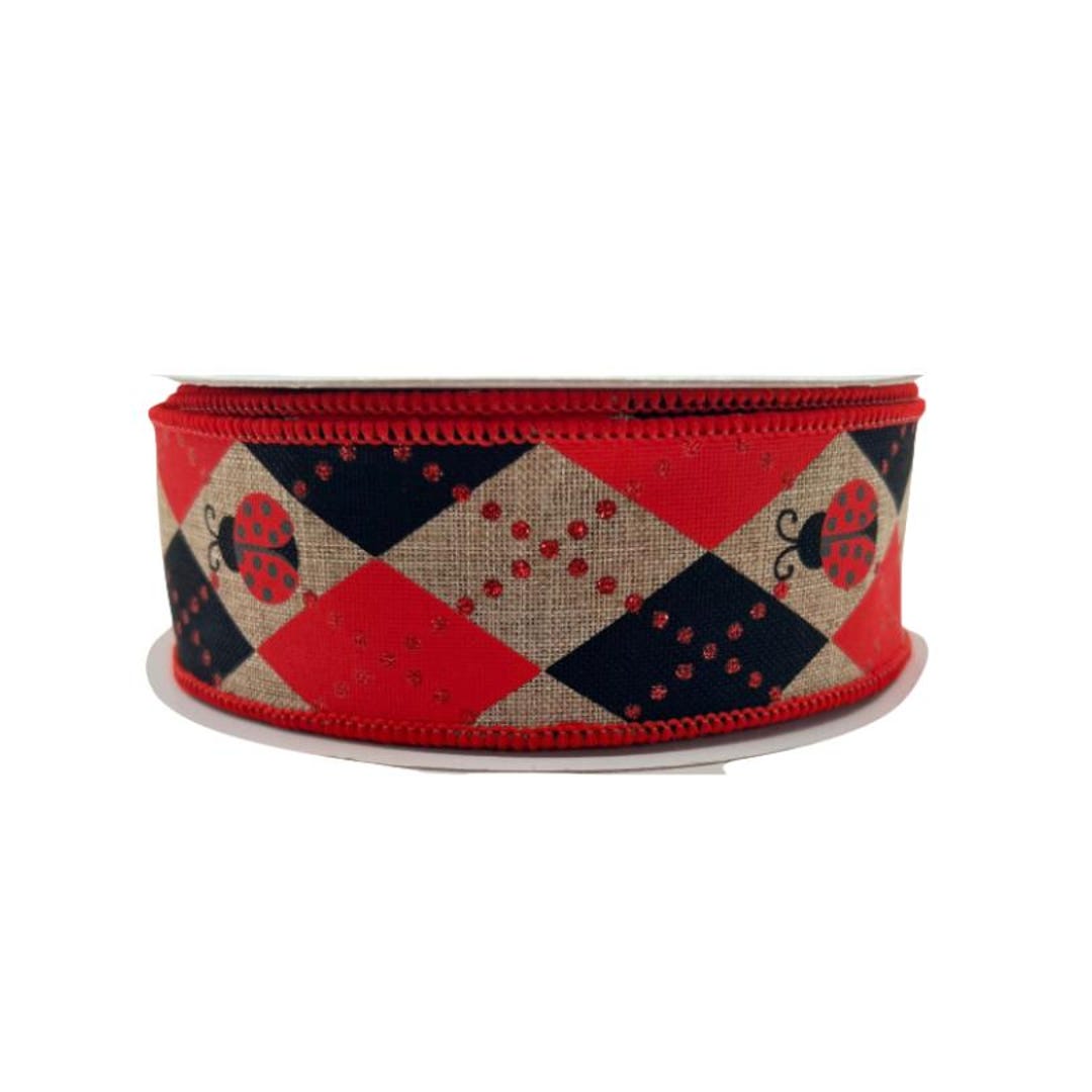 Ladybug Ribbon: Red, Black Argyle on Beige - 1.5