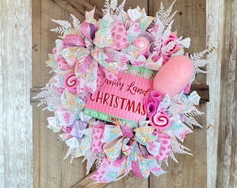 Large Pink Christmas Candy Wreath, Candyland Christmas Front Door Decor, Pastel Holiday Decoration, Candy Land Sugar Cookie Christmas Wreath