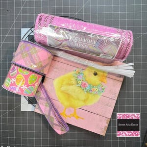 Easter Wreath Kit, Thin Easter Chick Wreath Kit, DIY Wall or Door Decor, Easter Sign Mesh and Ribbon Bundle, Pink Easter Egg Wall Decoration