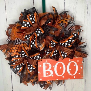 Halloween Wreath Orange Black White Wreath with Boo Sign, FREE SHIPPING