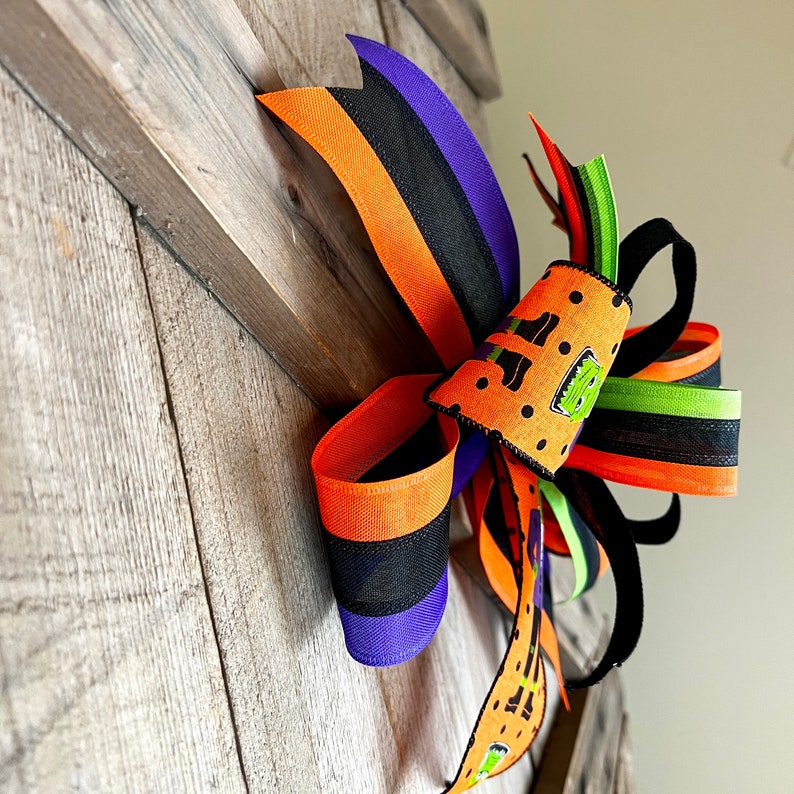 Frankenstein Halloween Bow, Halloween Frankenstein Bow for Wreath, Orange and Purple Halloween Lantern Bow, Cartoon Frankenstein Garland Bow image 6