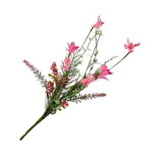 May include: A bouquet of artificial flowers featuring vibrant pink blooms and delicate green foliage. The arrangement includes clusters of small, round berries and slender, textured stems, creating a natural and elegant aesthetic.