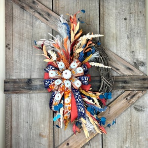 Small Fall Blue Boho Grapevine Wreath, Blue and Orange Fall Wall Decoration, Blue and Pumpkin Fall Wreath for Front Door, Elegant Fall Decor