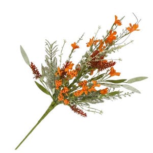 May include: A vibrant artificial floral arrangement featuring orange flowers, berries, and various green and gray foliage. The bouquet has a naturalistic design with a green stem, perfect for home decor or crafting projects.