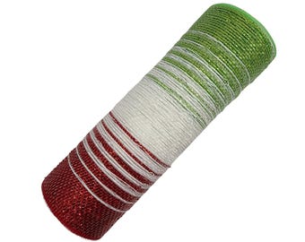 May include: A cylindrical roll of decorative mesh ribbon featuring a gradient color pattern that transitions from solid red at one end, through a section of white, to a bright green at the opposite end, with a fine, glittery, open-weave texture.