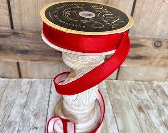 Luxury Red Satin Christmas Ribbon with White Satin Fused Back, D’Lux Designer Valentine’s Day Ribbon Strong Wire, 7/8” by 10yd LX4000F3