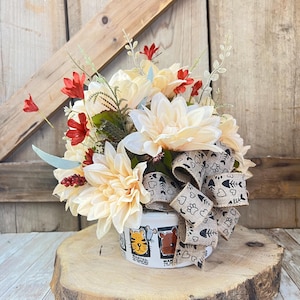Cat Floral Arrangement: Whimsical Cat Bowl Centerpiece with Beige Flowers
