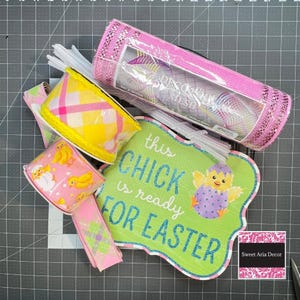 Easter Wreath DIY Kit: Pink & Green Mesh, Chick Sign, Ribbon Bundle