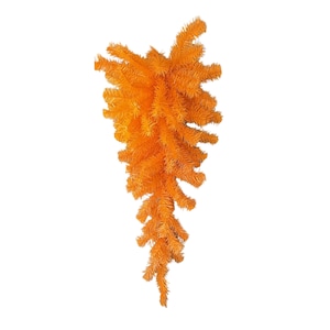 May include: A teardrop-shaped artificial swag made of vibrant orange pine needles. The decorative piece features a dense arrangement of needle-like branches that taper toward the bottom, creating a full, textured, and uniform orange appearance.